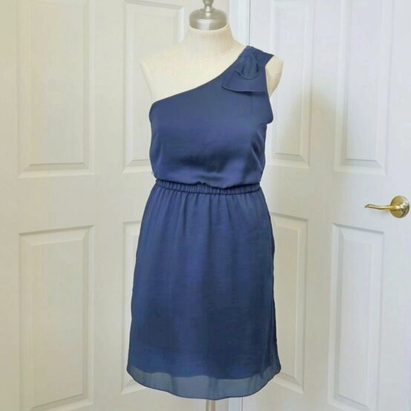 Vintage Dresses & Skirts - Vintage Y2K One Shoulder Satin Dress Sapphire Blue Ruffle Midi Size Medium